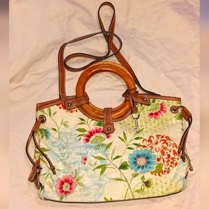 Fossil Floral Purse with Wooden Handle & Key Fob